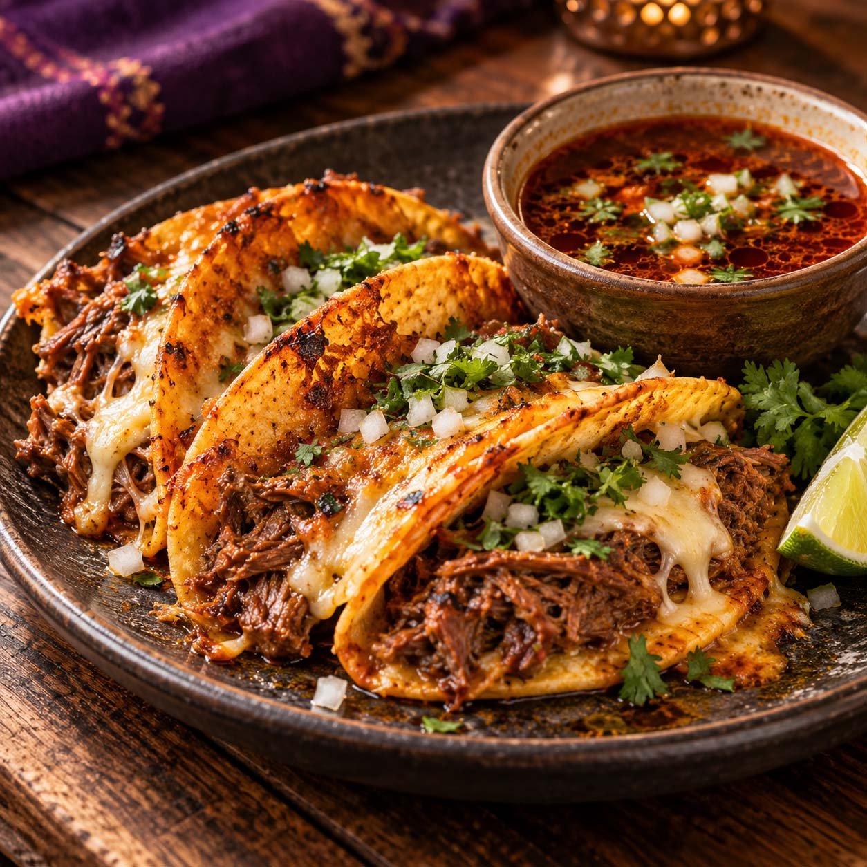 Crispy birria tacos with melted cheese and consommé for dipping
