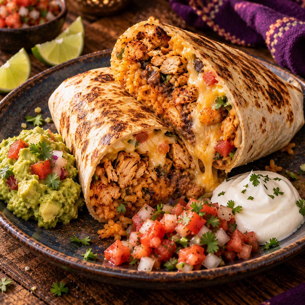Grilled burrito with rice, chicken, melted cheese, guacamole and pico de gallo