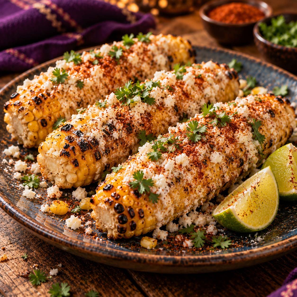 Grilled elote with cotija cheese, Tajín and lime