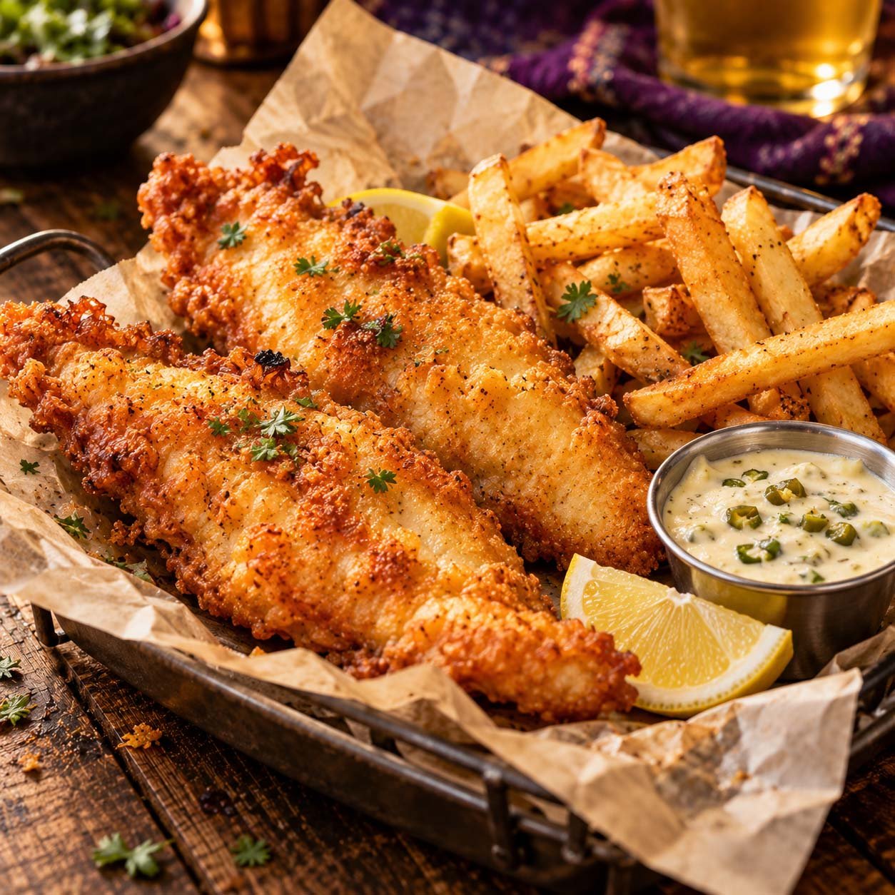 Beer-battered fish and fries with jalapeño tartar sauce