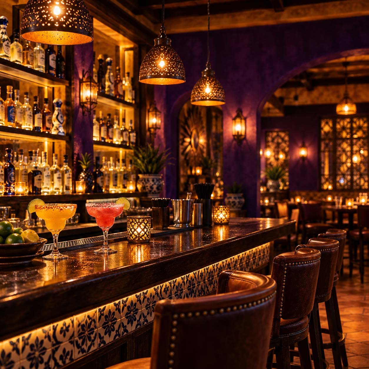 The Luna bar glowing with lanterns and Talavera tile