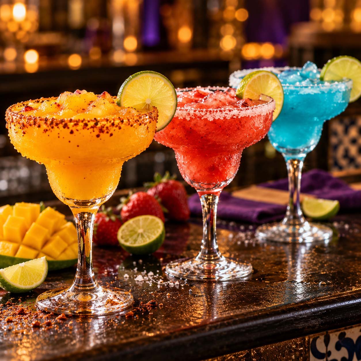 Mango, strawberry and blue razz margaritas