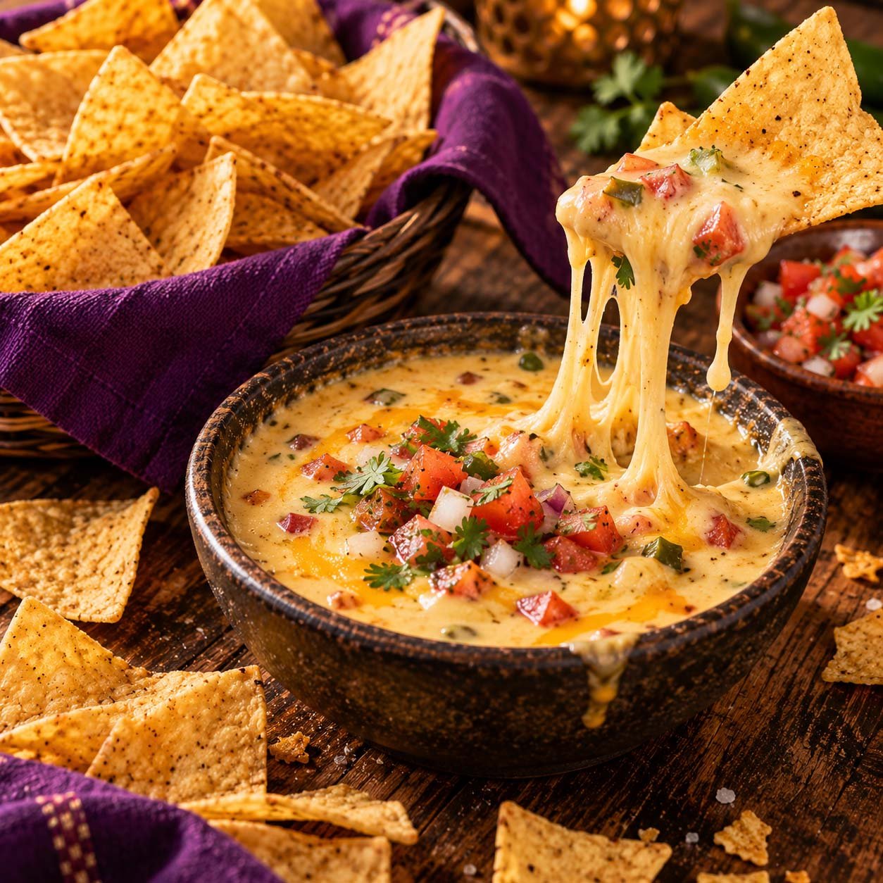Queso de Luna cheese dip with tortilla chips and pico de gallo