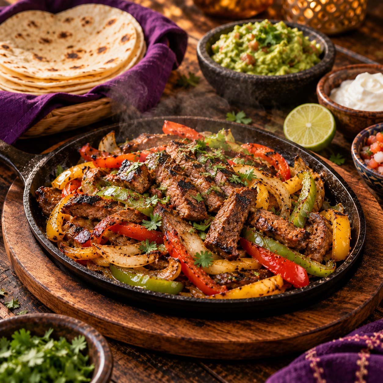 Sizzling steak fajitas with peppers, onions, tortillas and guacamole